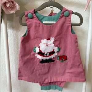 Red & Green Plaid Christmas Two Piece Set with Embroidered Santa & Present